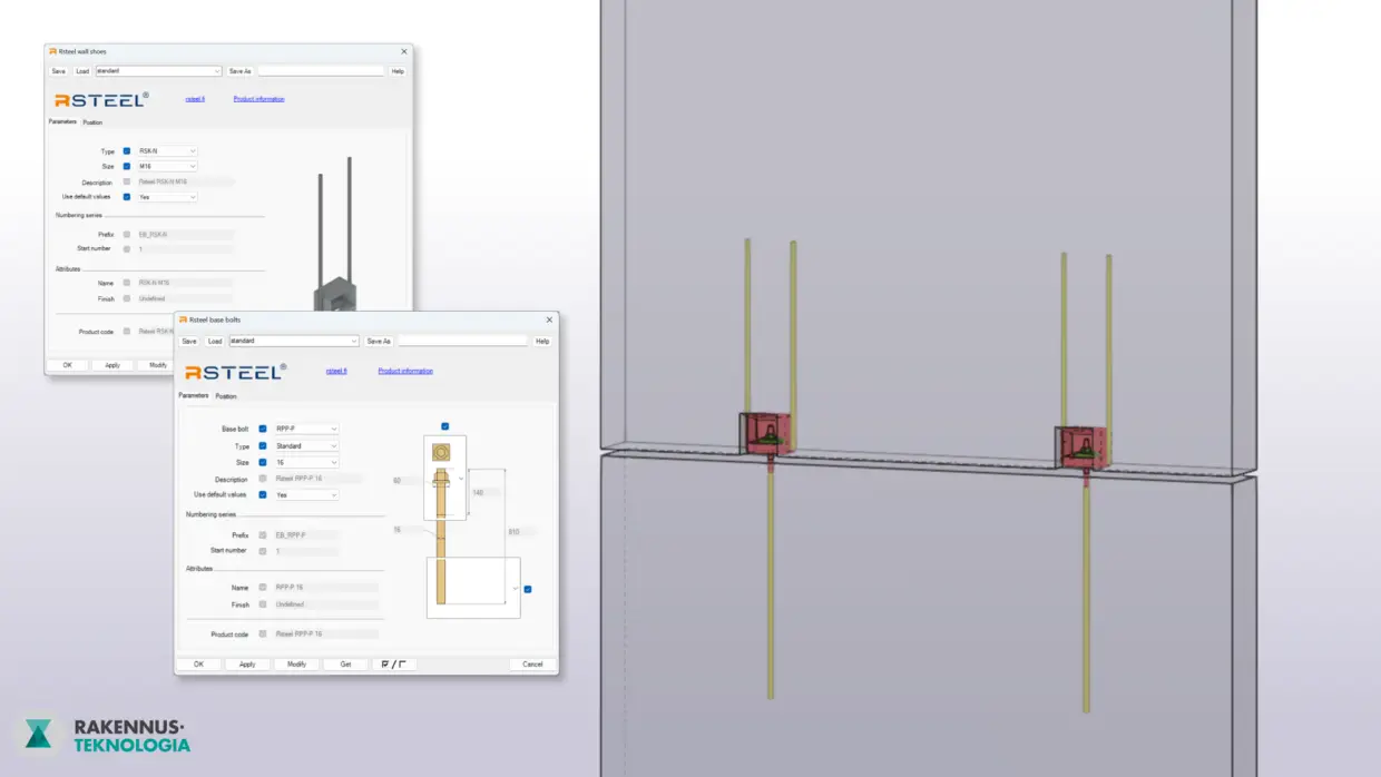 Rsteel seinäkenkä ja peruspultit Tekla Structures