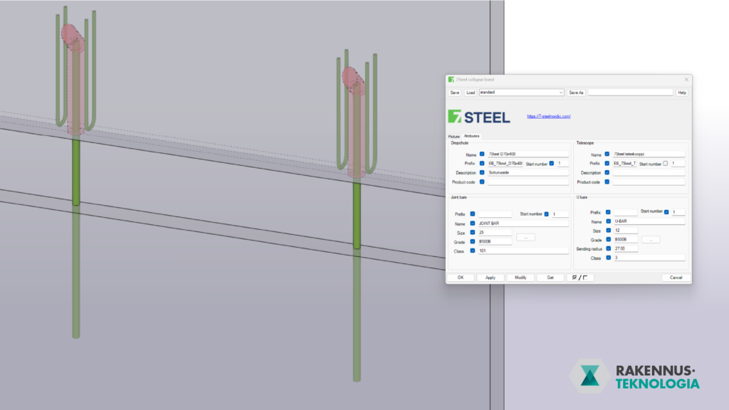 7 Steel collapse bond (sortumaside) varausputki ja raudoitus Tekla Structures -mallissa – pluginin attribuuttivalikko