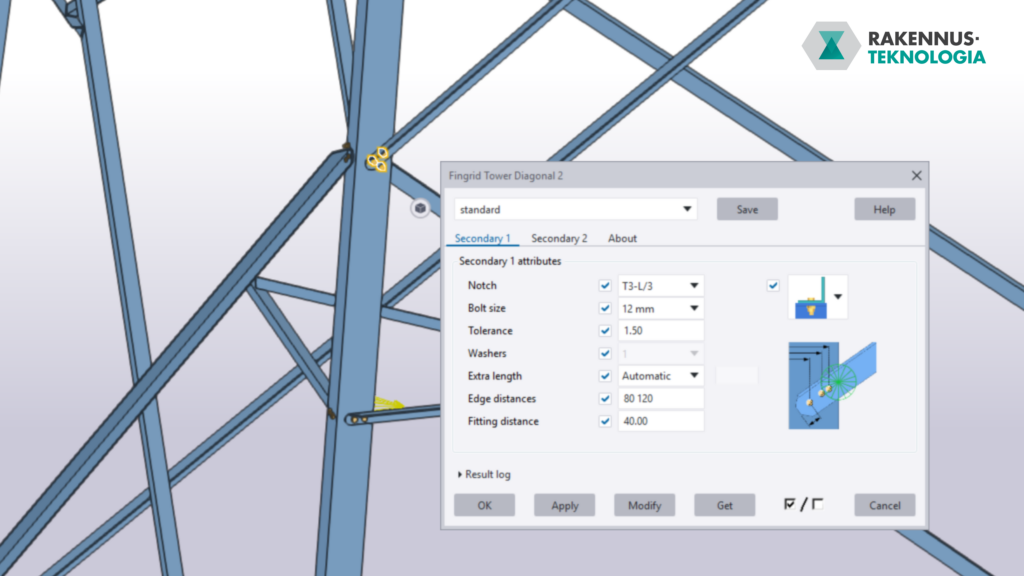 Tekla Structures -plugin kahden sekundäärisen sauvan diagonaaliliitoksen mallinnukseen